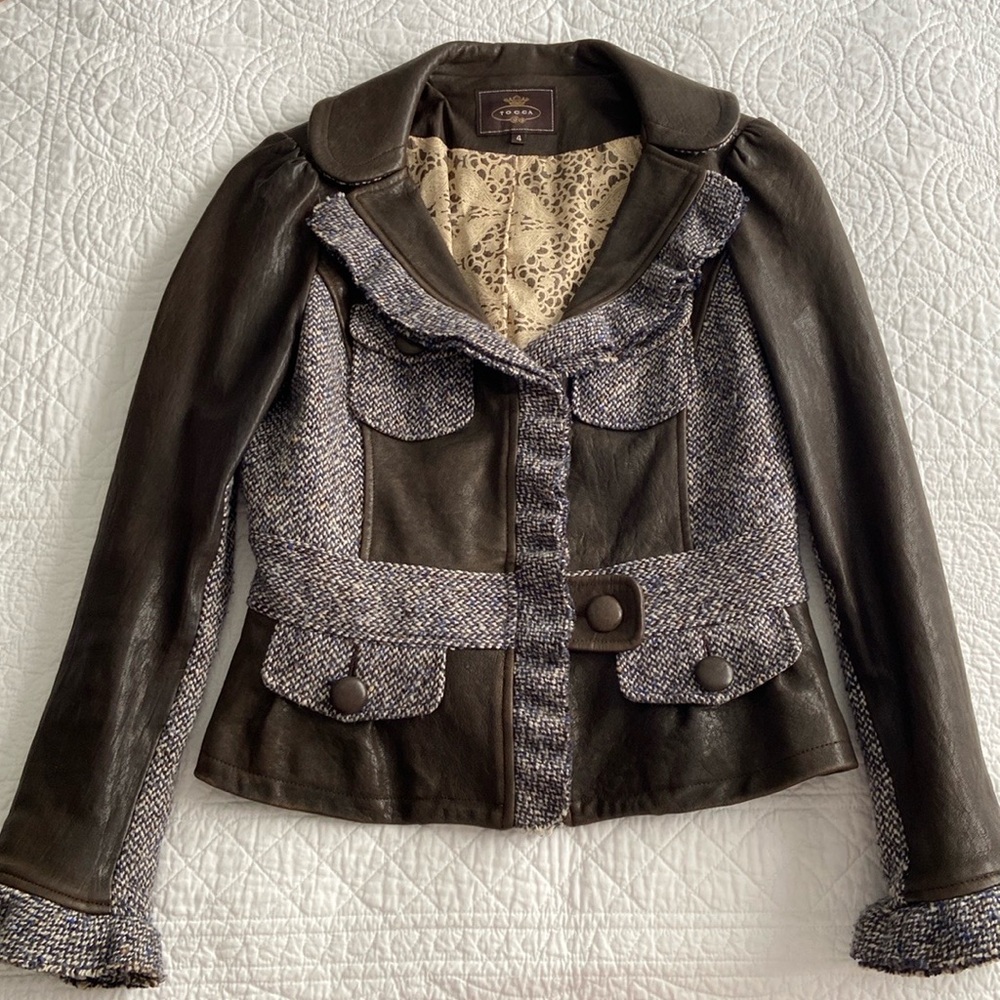 Tocca Leather Blazer Tweed Hourglass Notched Lapels Brown Blue Gray 4 Or S - Picture 17 of 17